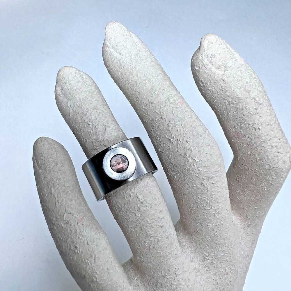 Teno Stainless‎ Steel Band Ring with Amber Accent Approx Size 6